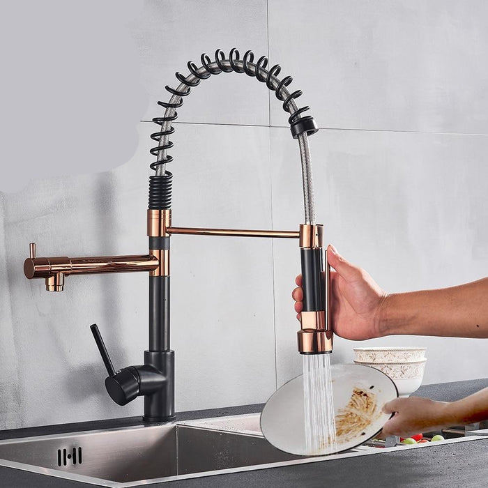 Black and Rose-Golden Spring Pull Down Kitchen Faucet